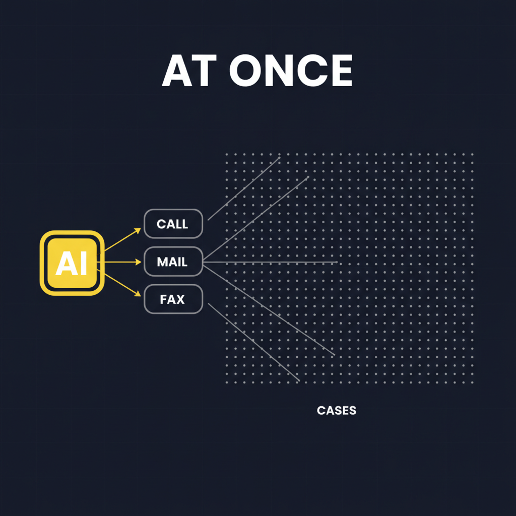 Diagram of an AI hub firing phone, email, and fax in parallel across many cases at once