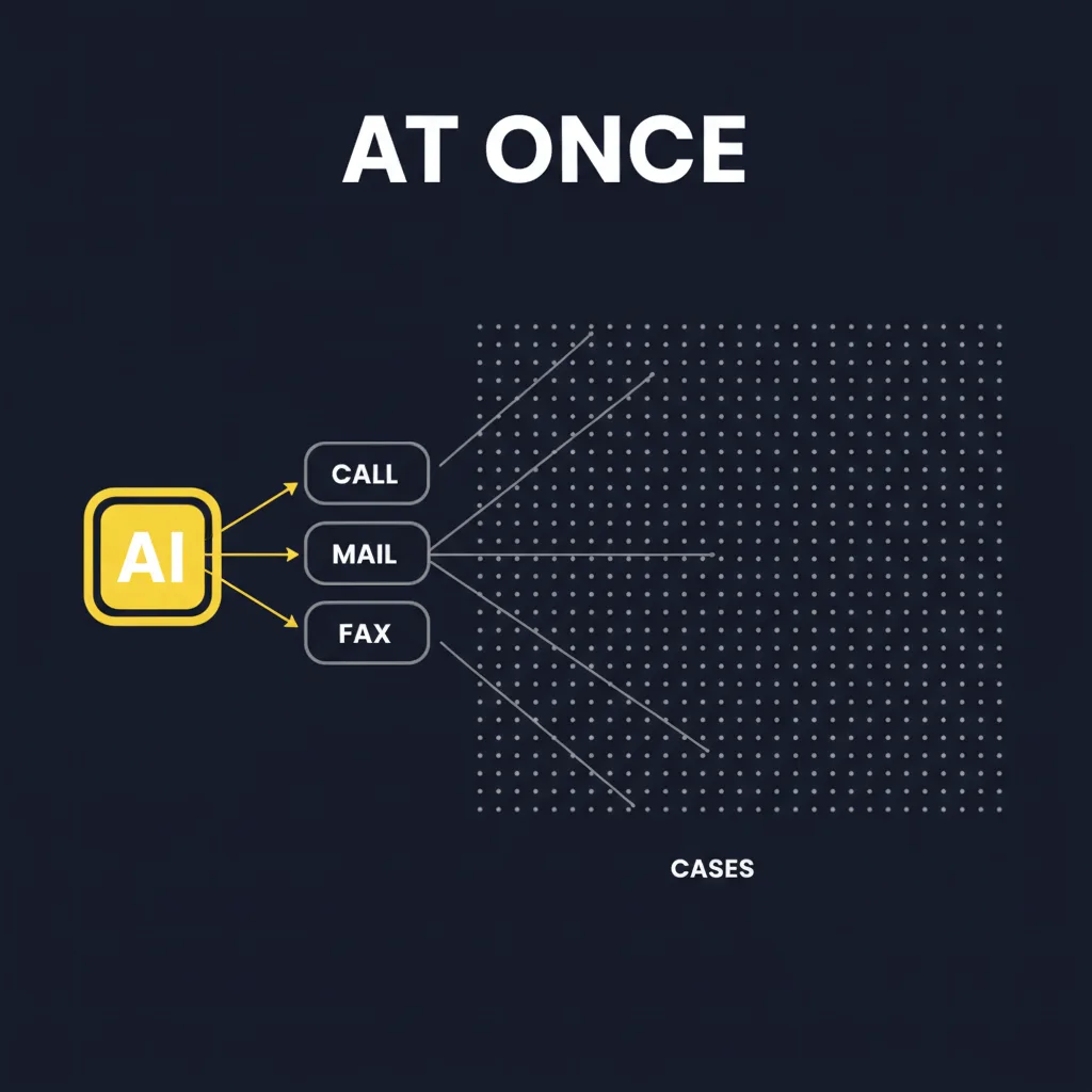 Diagram of an AI hub firing phone, email, and fax in parallel across many cases at once