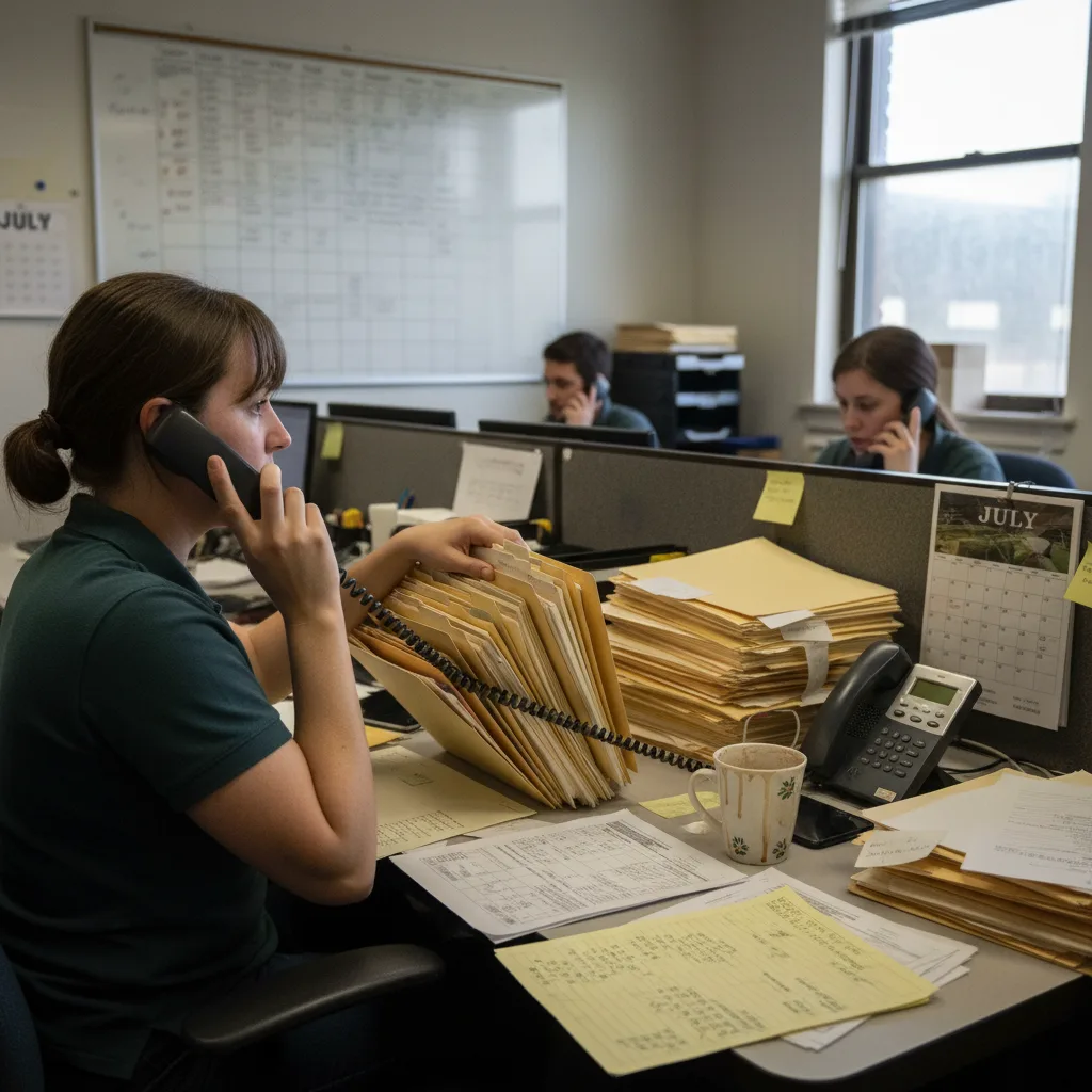 A CRA verification specialist on hold at a desk buried in case folders during a summer hiring-season surge