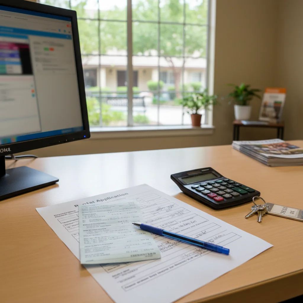 A leasing office desk with a rental application, pay stubs, and a calculator