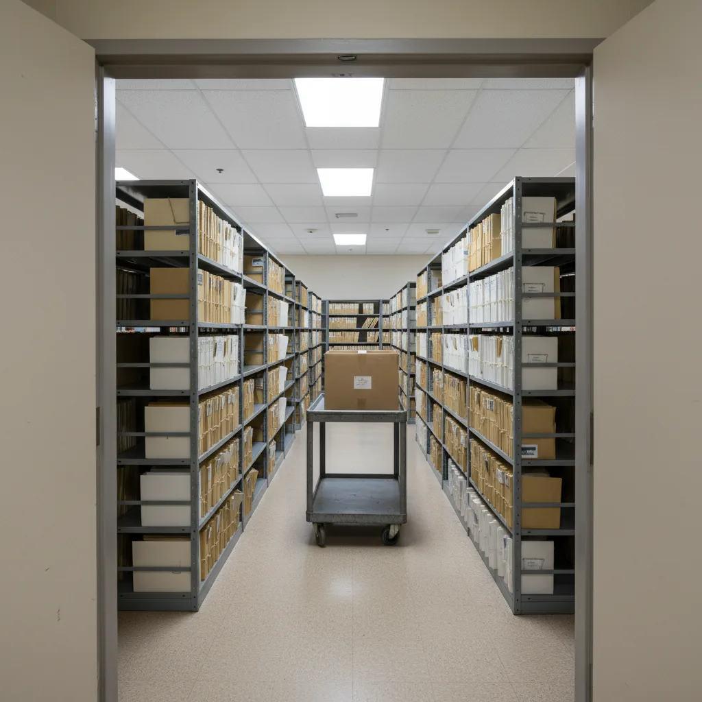A school district records room with archive boxes on open shelving