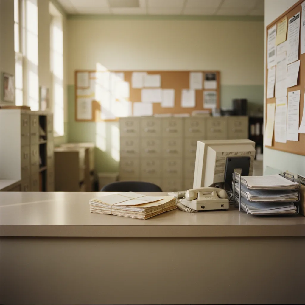 A high school administrative office counter with student record folders, a desk phone, and a computer monitor turned away from the camera
