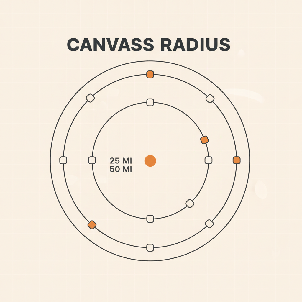 Diagram of a canvass radius map showing facility nodes on 25-mile and 50-mile rings