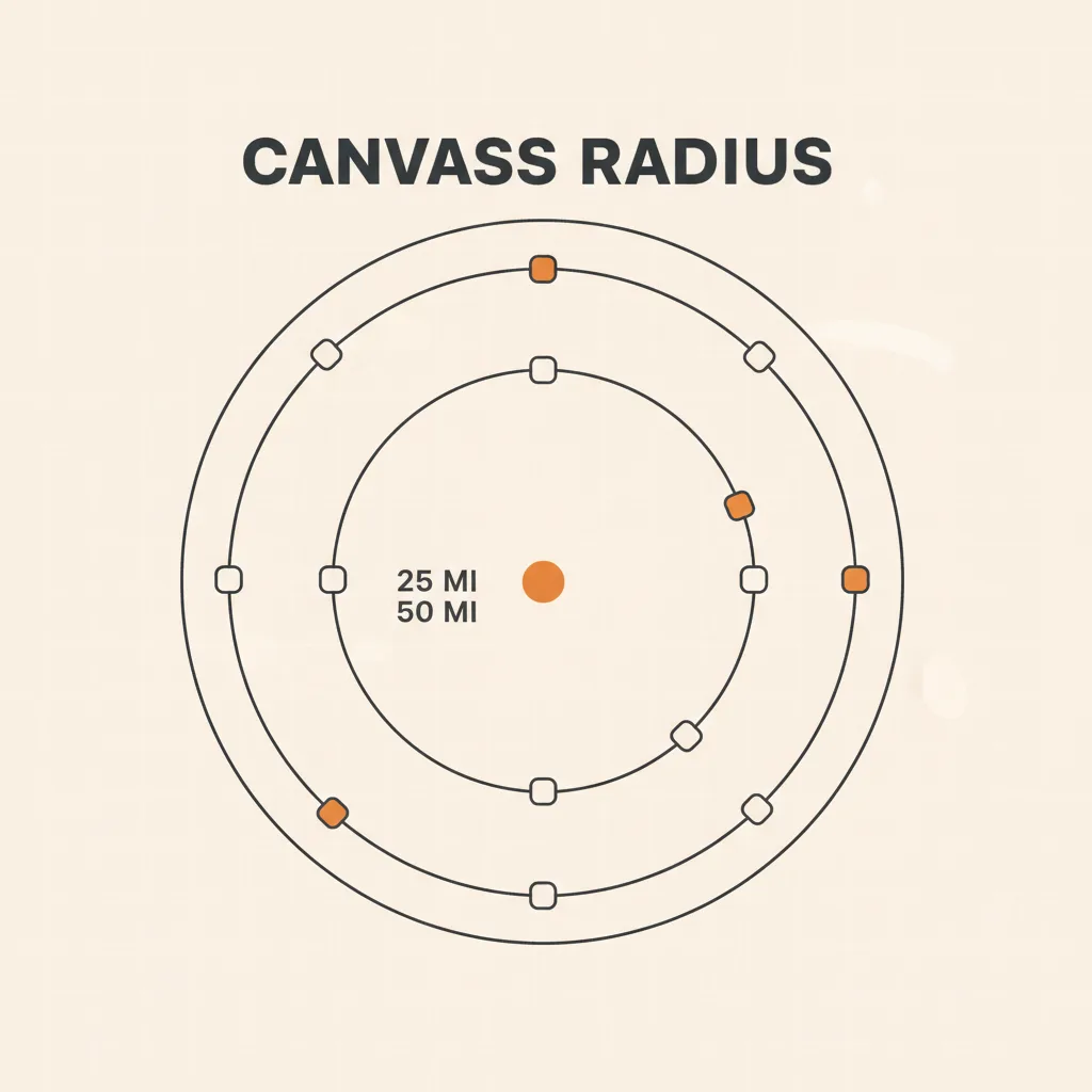 Diagram of a canvass radius map showing facility nodes on 25-mile and 50-mile rings