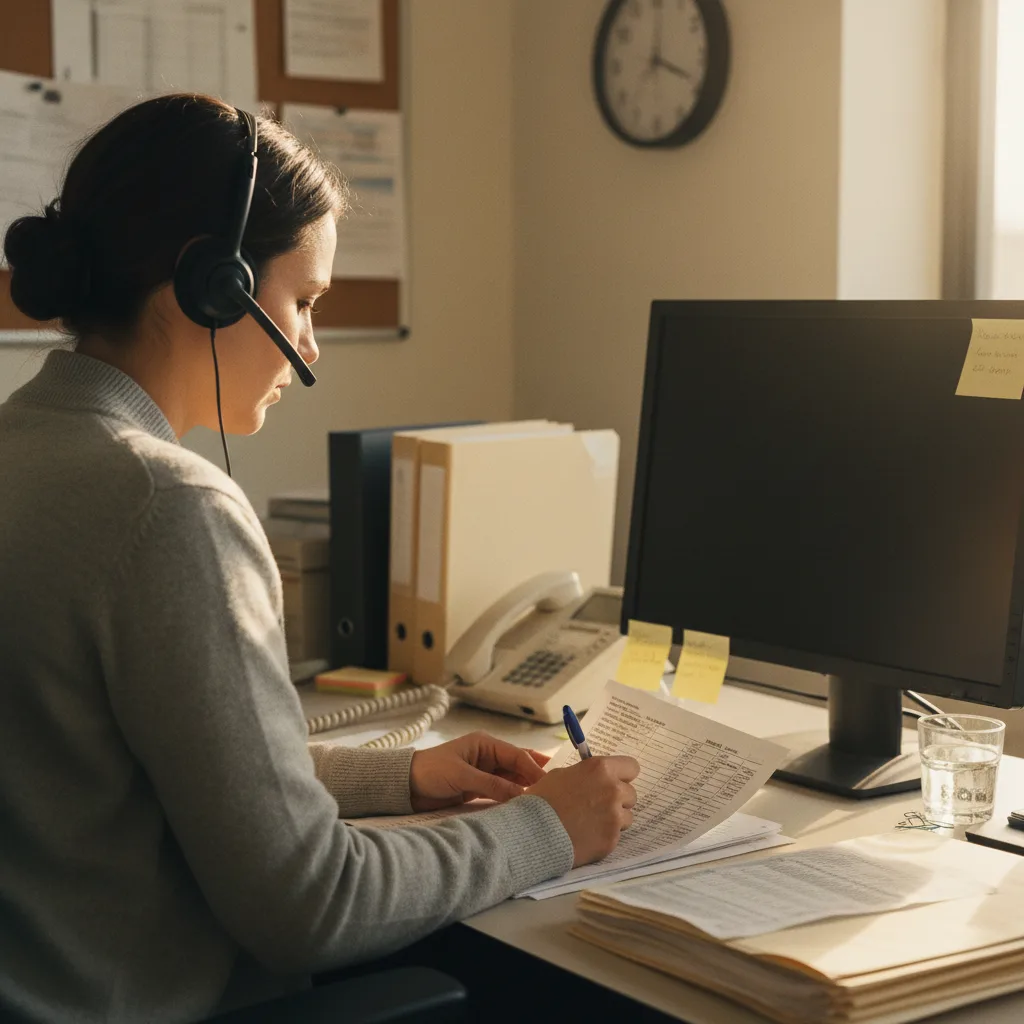 A claims investigator working through a provider list by phone in a quiet office