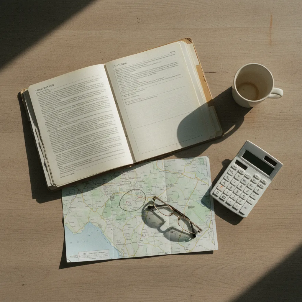An investigator's desk seen from above, with a claim folder, a road map marked with a pencil circle, and a calculator