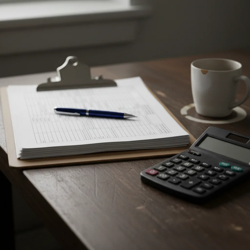 A back-office finance desk with paperwork and a calculator