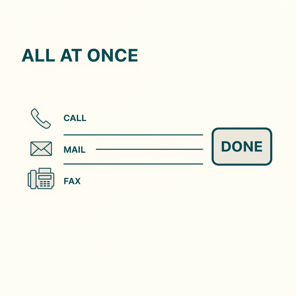 Parallel phone, email, and fax outreach converging on a single completed verification