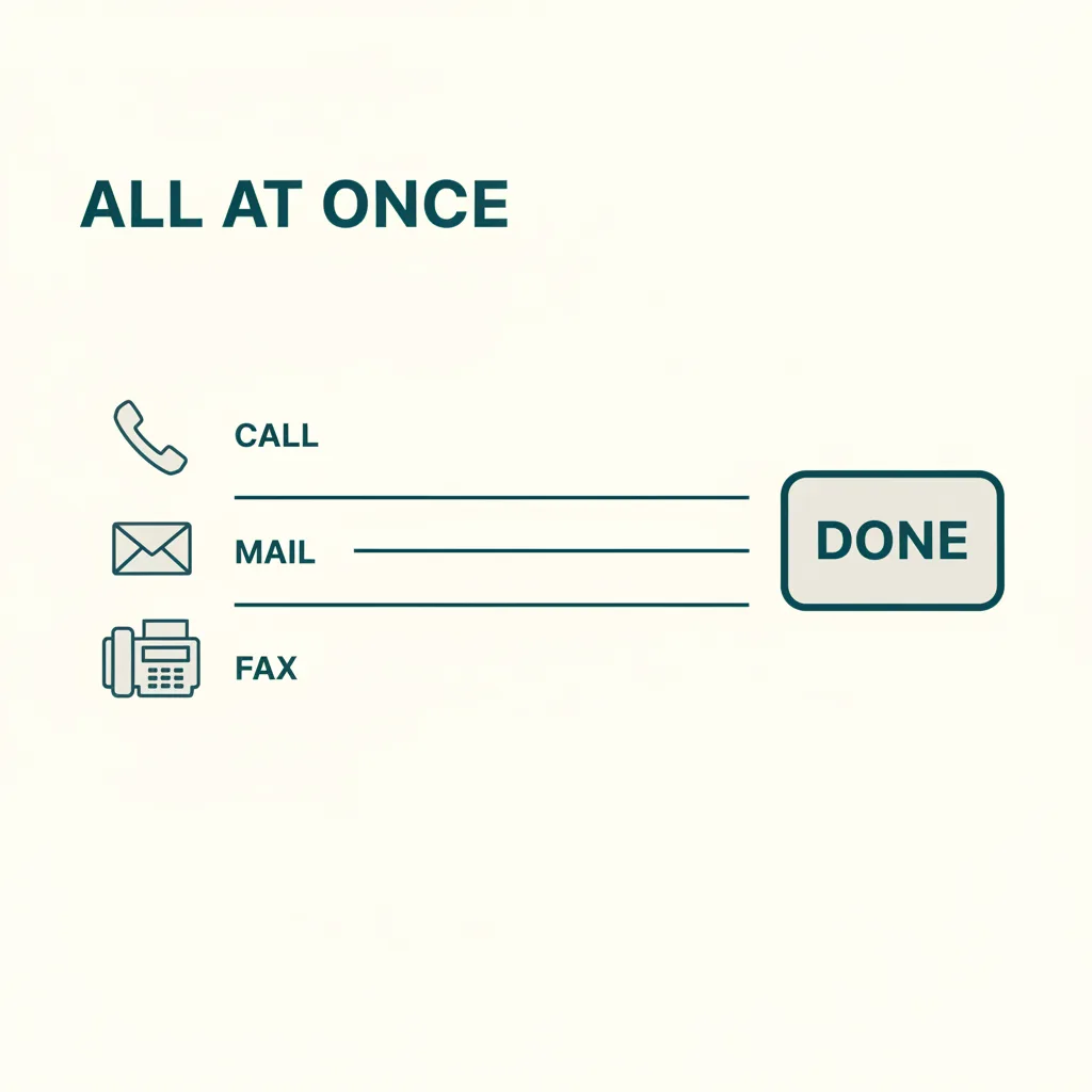 Parallel phone, email, and fax outreach converging on a single completed verification
