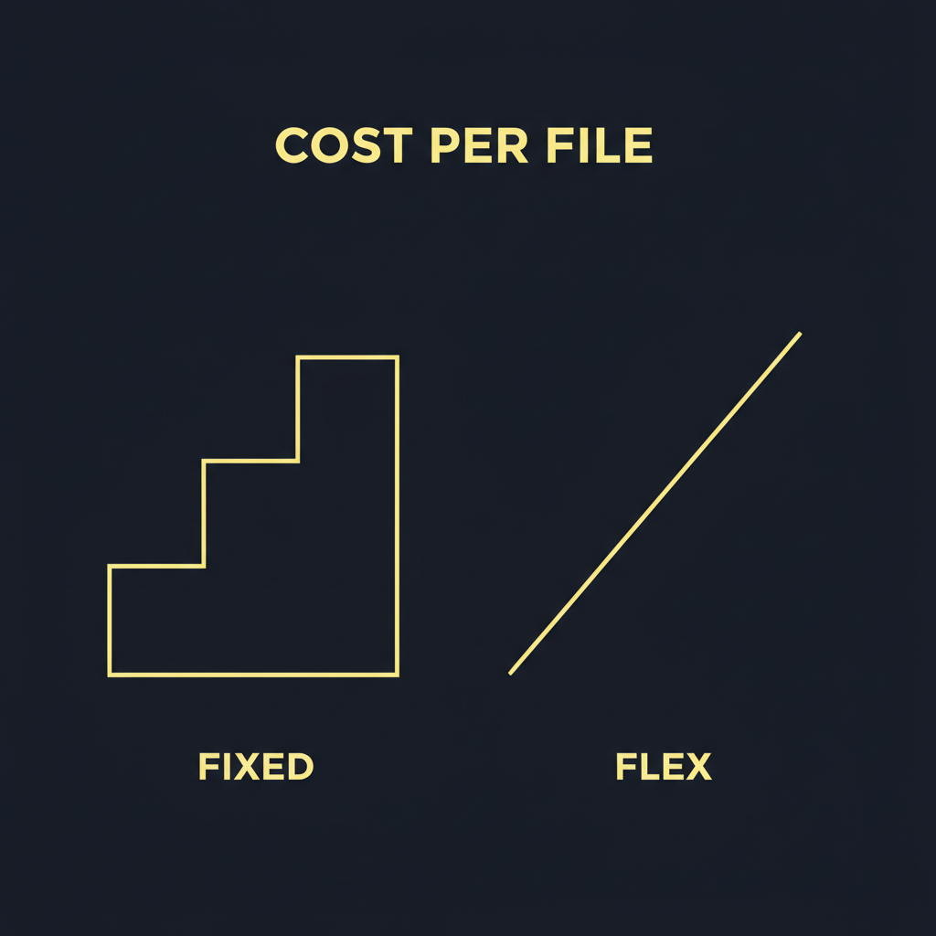 Diagram contrasting fixed in-house verification staffing cost with variable per-file outsourced cost