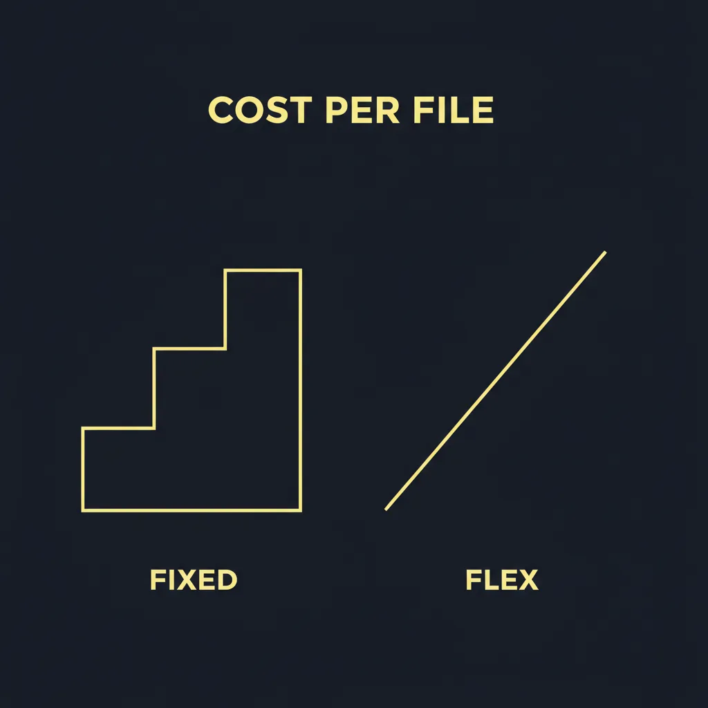 Diagram contrasting fixed in-house verification staffing cost with variable per-file outsourced cost
