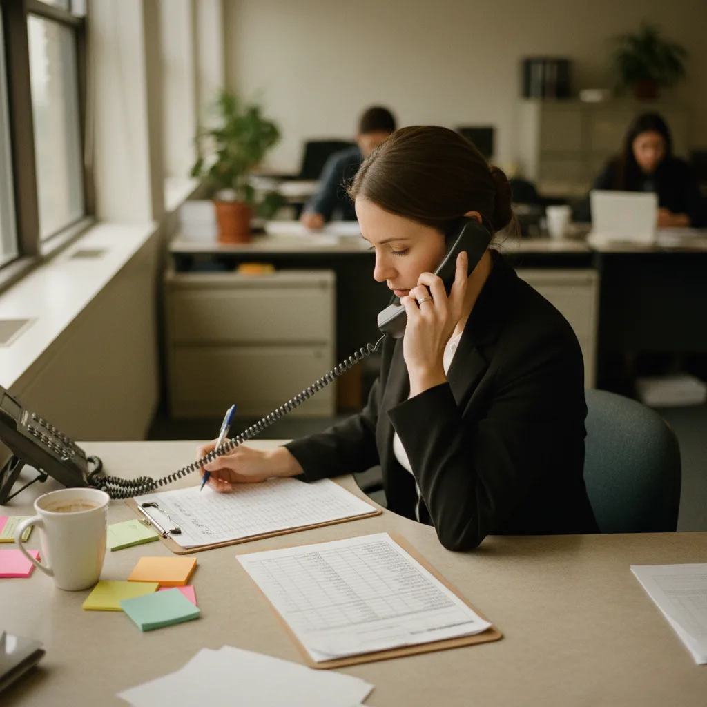 A single medical canvasser at a desk working through a long list of facilities one phone call at a time, illustrating the serial, headcount-bound bottleneck