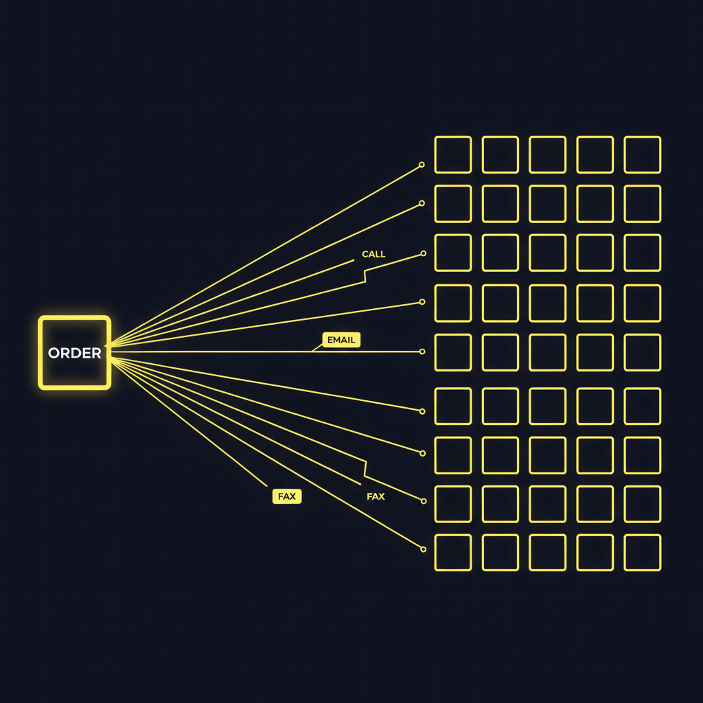 A single order node firing many simultaneous contact lines out to a grid of facilities at once across phone, email, and fax, illustrating parallel outreach