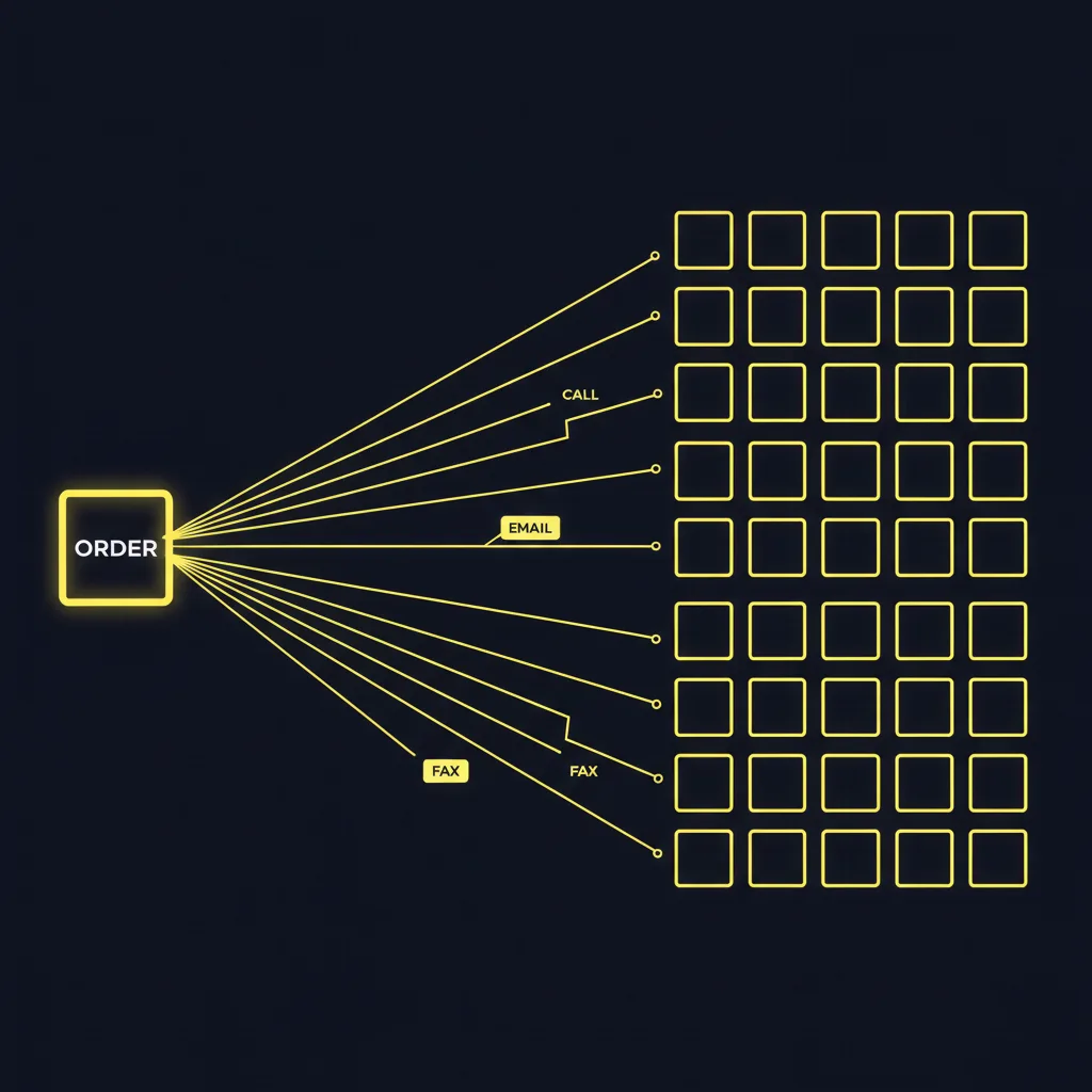 A single order node firing many simultaneous contact lines out to a grid of facilities at once across phone, email, and fax, illustrating parallel outreach