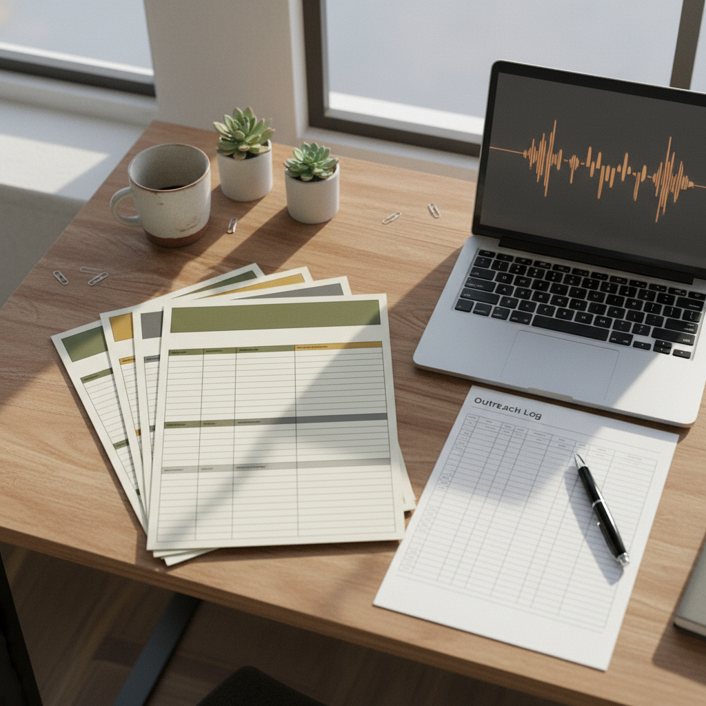 A stack of identically formatted canvass reports beside a call-recording waveform and a timestamped outreach log, illustrating consistent documentation across every file