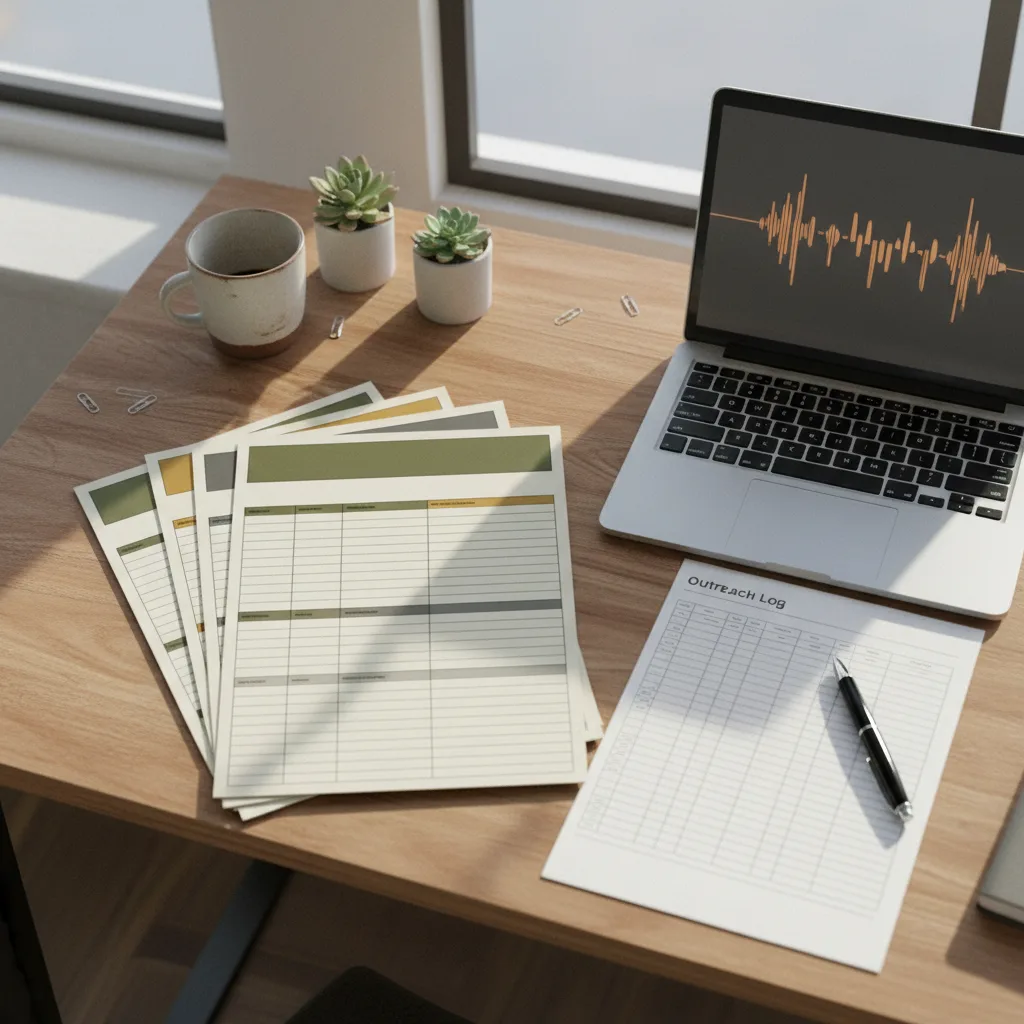 A stack of identically formatted canvass reports beside a call-recording waveform and a timestamped outreach log, illustrating consistent documentation across every file