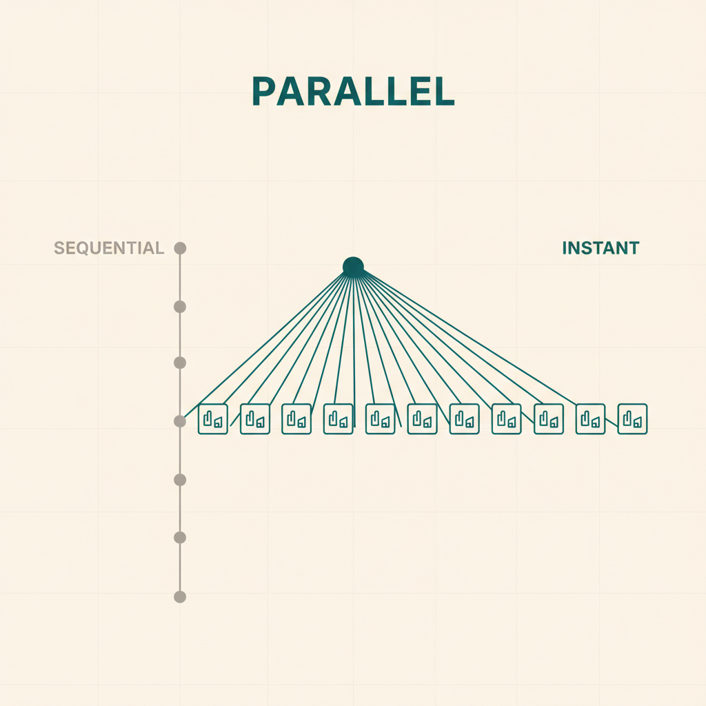 A single sequential call chain on the left contrasted with a wide parallel fan of simultaneous facility contacts on the right, illustrating scaling canvassing throughput without adding staff.