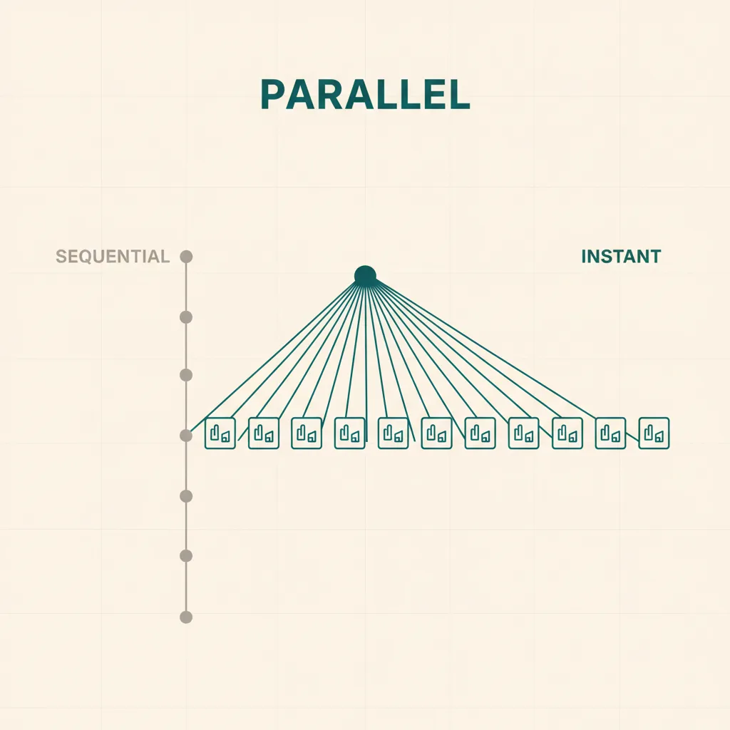 A single sequential call chain on the left contrasted with a wide parallel fan of simultaneous facility contacts on the right, illustrating scaling canvassing throughput without adding staff.