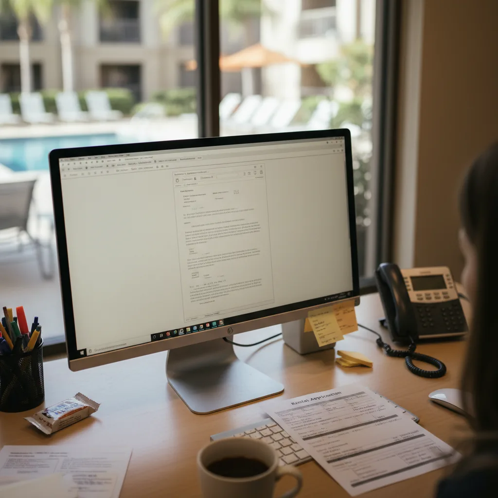 A leasing agent reviewing a submitted document on screen