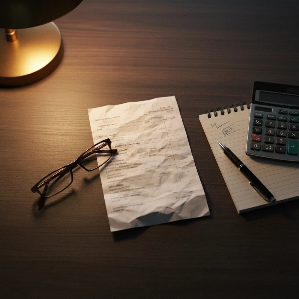 A pay stub under close review on a desk, with a calculator and a marked-up checklist beside it