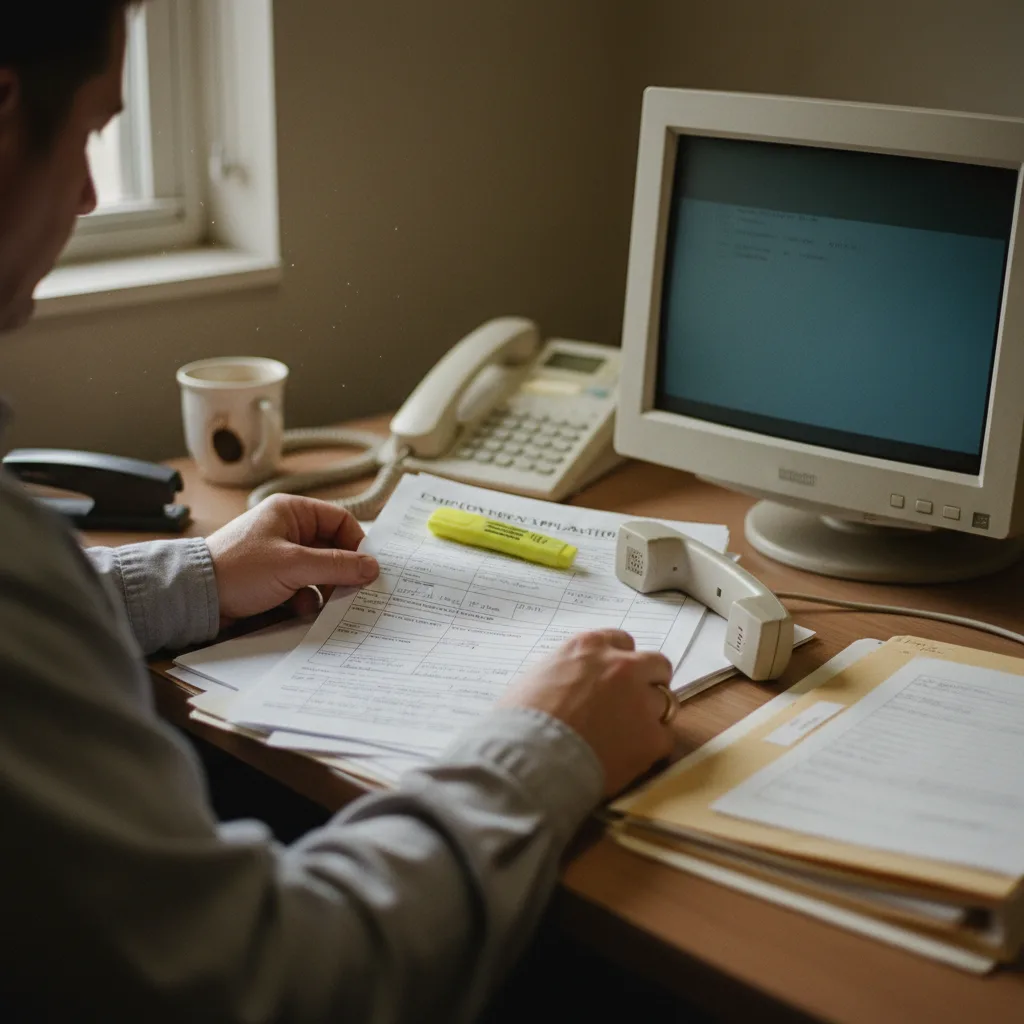 A driver qualification file clerk working through a multi-page paper employment application with a highlighter and desk phone