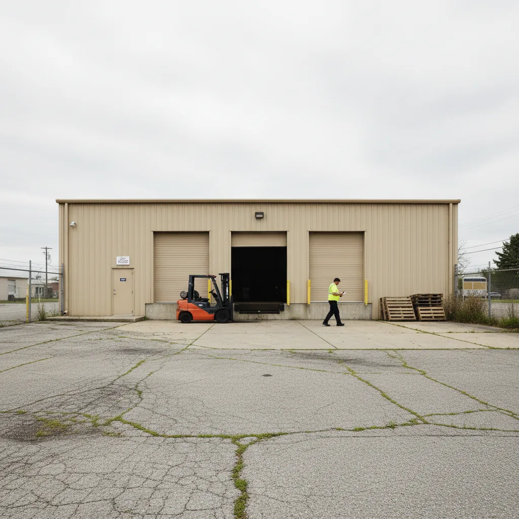 A small suburban warehouse and distribution yard — the kind of non-DOT employer no verification database covers