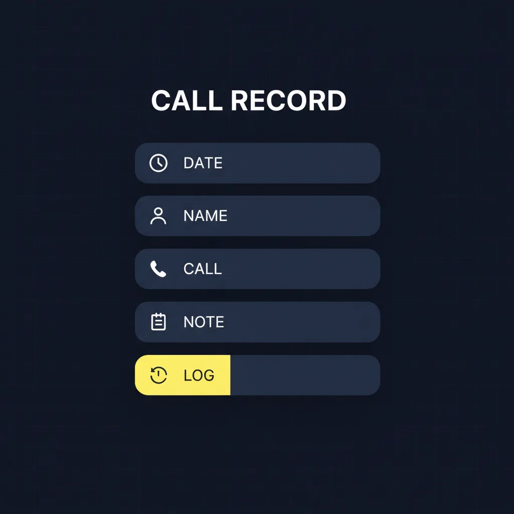 Diagram of the five fields in a call record: date, name, call, note, and log