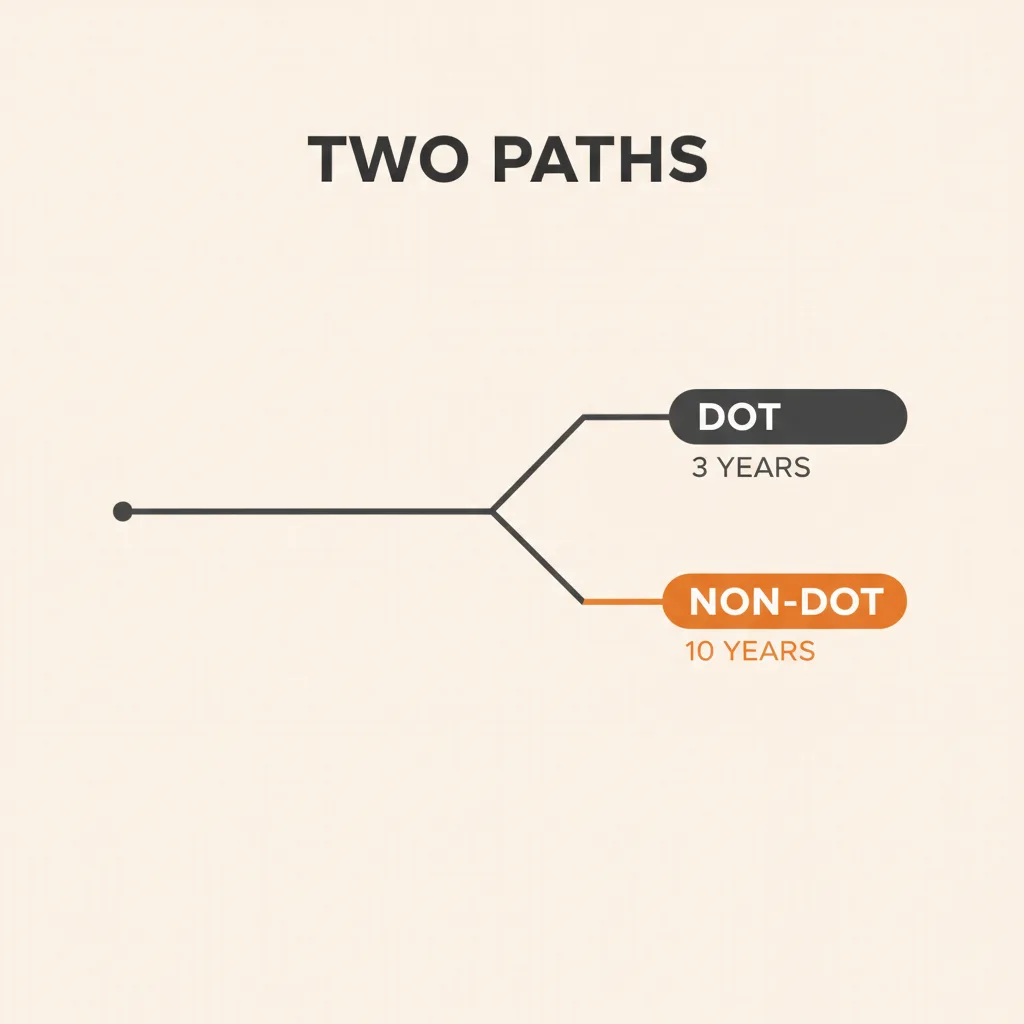 A split diagram showing a driver's employment history forking into a DOT-regulated verification path and a non-DOT manual verification path