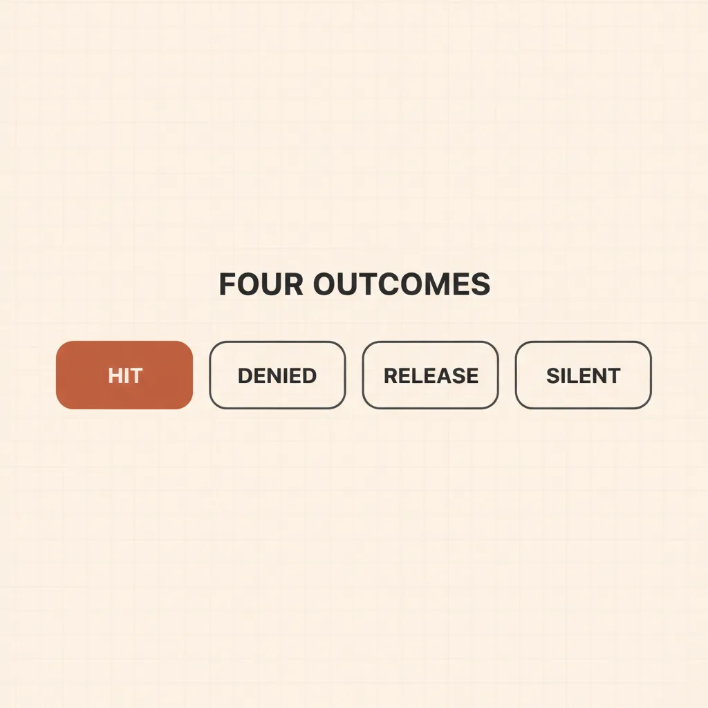 Four outcome chips: hit, no record, release needed, unreachable