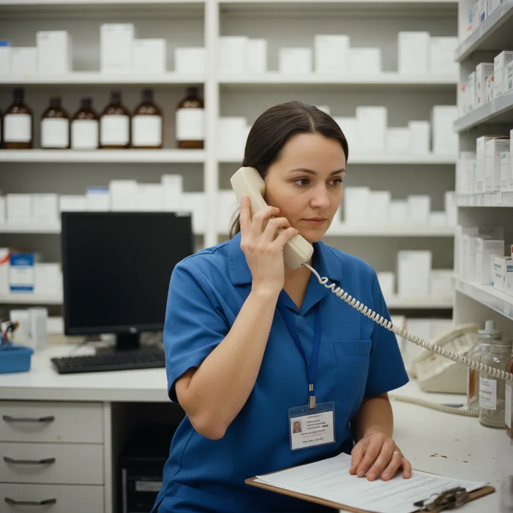 A pharmacy technician answering a wall phone behind the counter