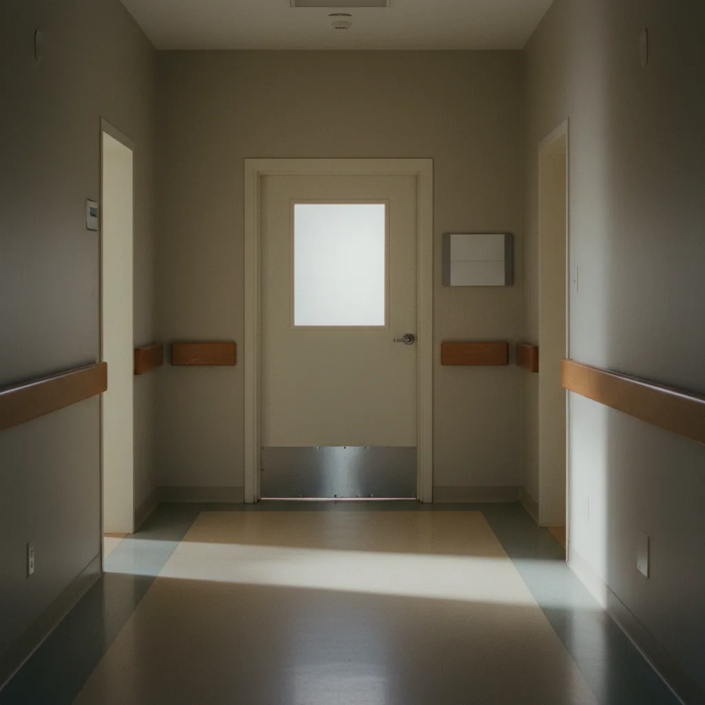 A quiet clinic corridor with a closed frosted-glass door marked only by an empty nameplate, in soft daylight