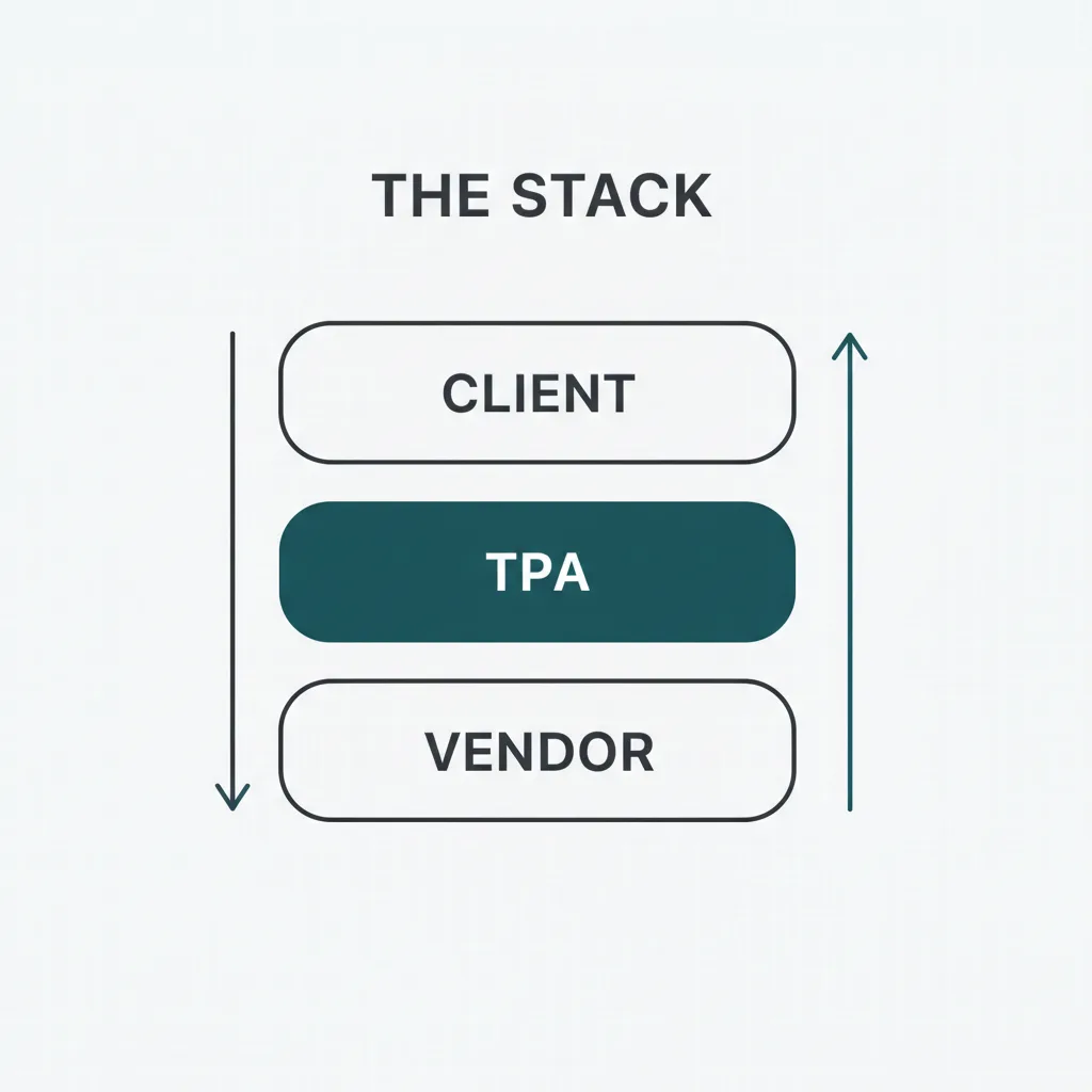 Three stacked layers labeled client, TPA, and vendor, with arrows running down and back up