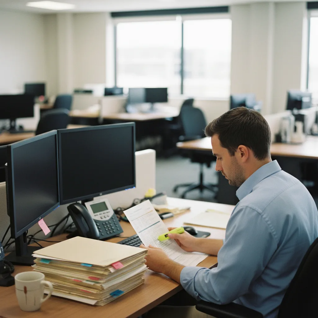 A claims adjuster at a desk reviewing a printed provider list with a highlighter