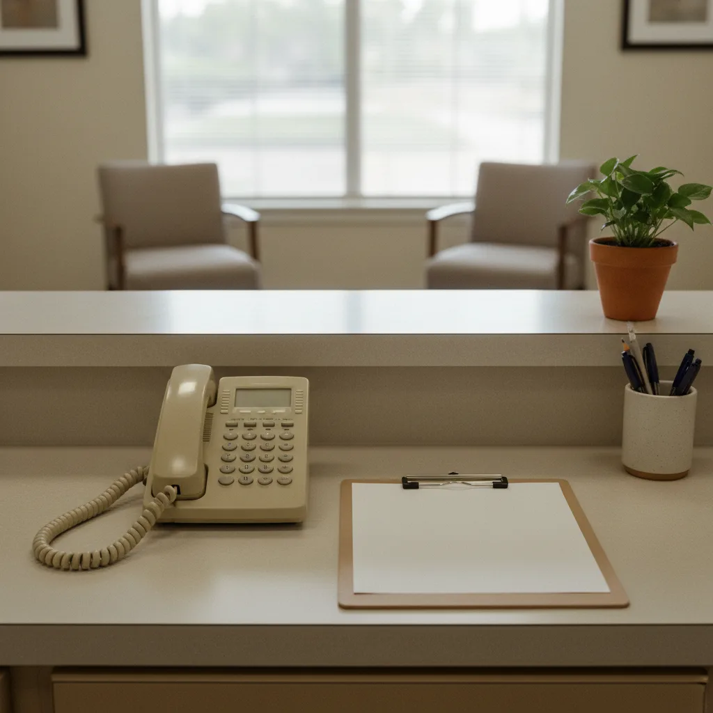 A landline phone on a medical office reception counter in soft morning light, with a sign-in clipboard and a small plant