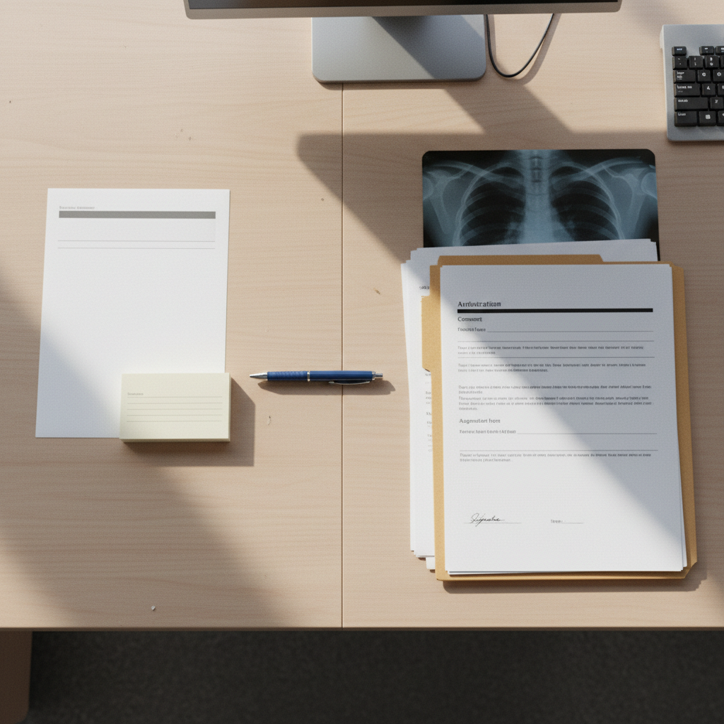 A desk split between a single thin index card representing a yes/no canvass answer and a thick clinical chart, X-ray, and signed authorization form representing full records retrieval