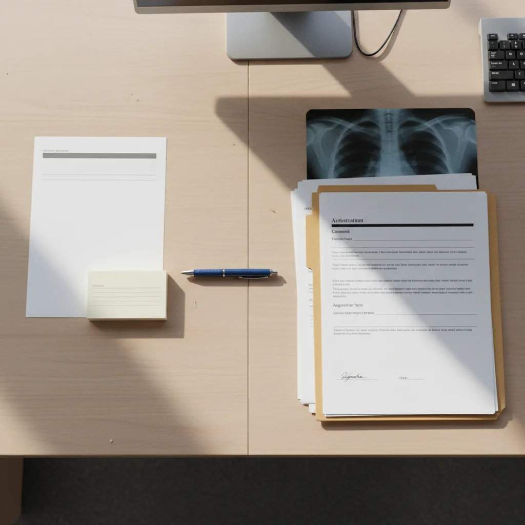 A desk split between a single thin index card representing a yes/no canvass answer and a thick clinical chart, X-ray, and signed authorization form representing full records retrieval