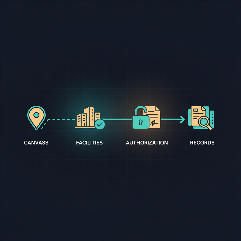 A left-to-right sequence showing the correct order: map the radius, confirm facilities, send the HIPAA authorization, then retrieve records, with the canvass step emphasized as first