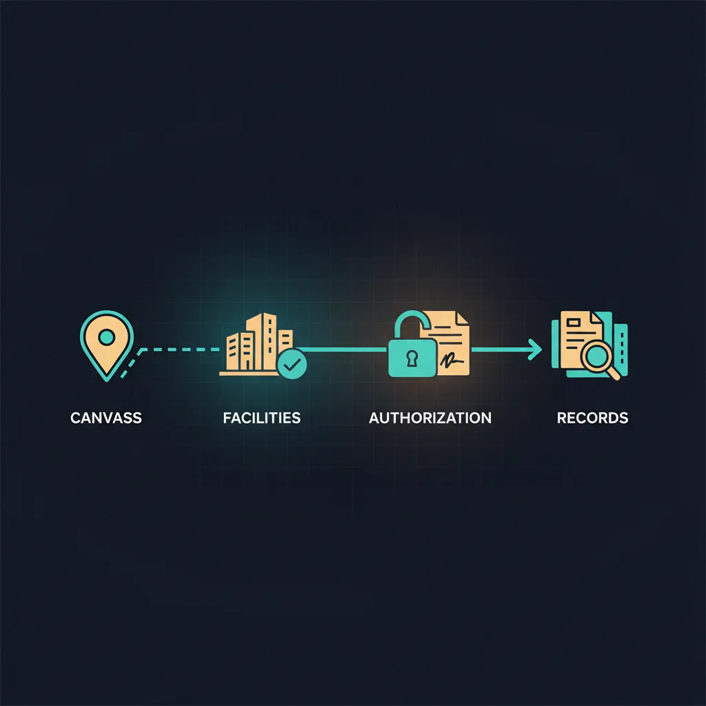 A left-to-right sequence showing the correct order: map the radius, confirm facilities, send the HIPAA authorization, then retrieve records, with the canvass step emphasized as first