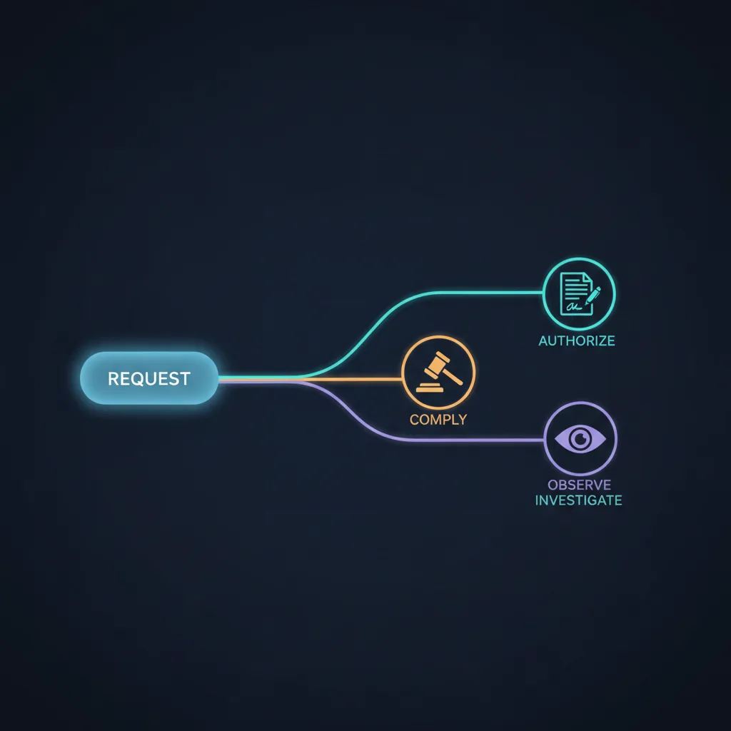 A single confirmed-hit node branching into three escalation paths: a HIPAA authorization request, a subpoena or court order, and holding for surveillance or SIU