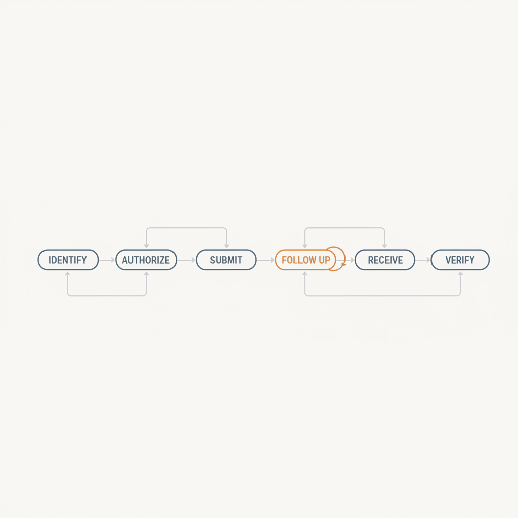 A six-stage records retrieval pipeline with a loop on the follow-up stage