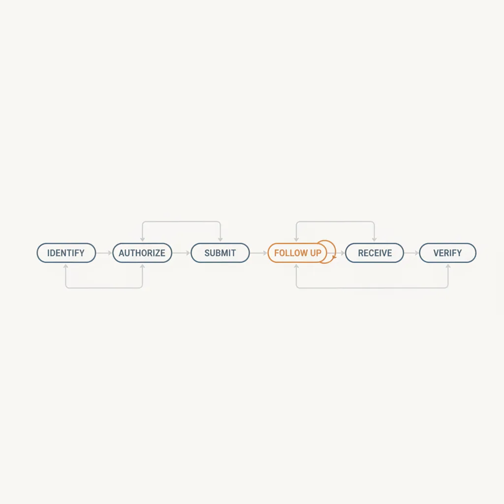 A six-stage records retrieval pipeline with a loop on the follow-up stage