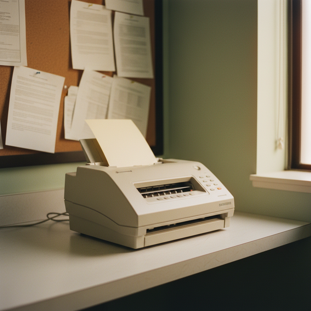 A fax machine in a medical office back room