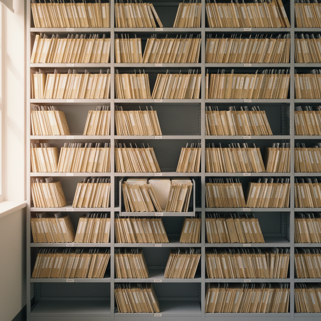 Rows of labeled medical record folders in a hospital health information management department