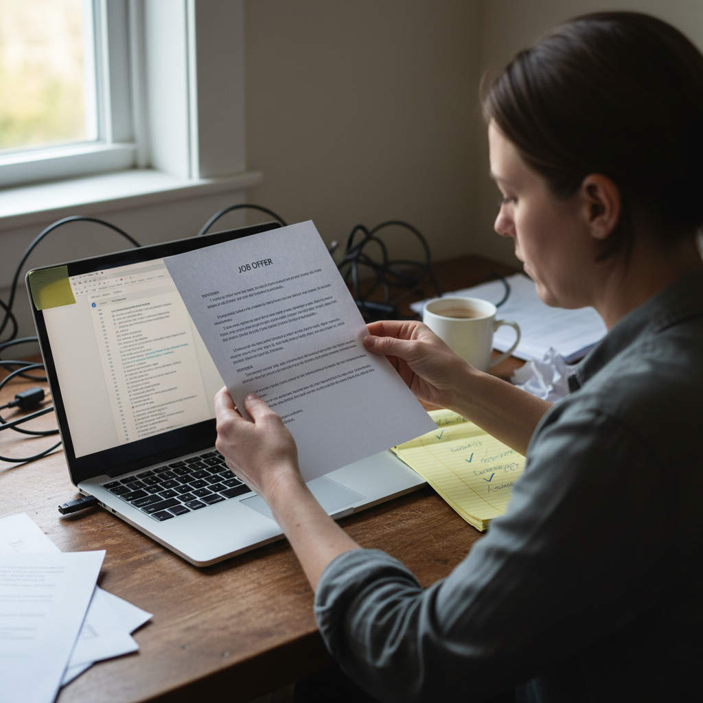 A property manager holding a printed offer letter up to the window light to inspect it for red flags
