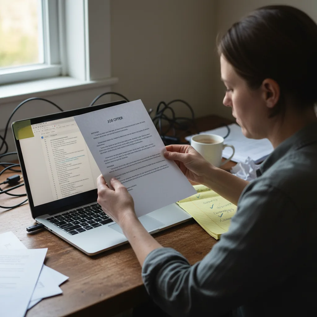 A property manager holding a printed offer letter up to the window light to inspect it for red flags