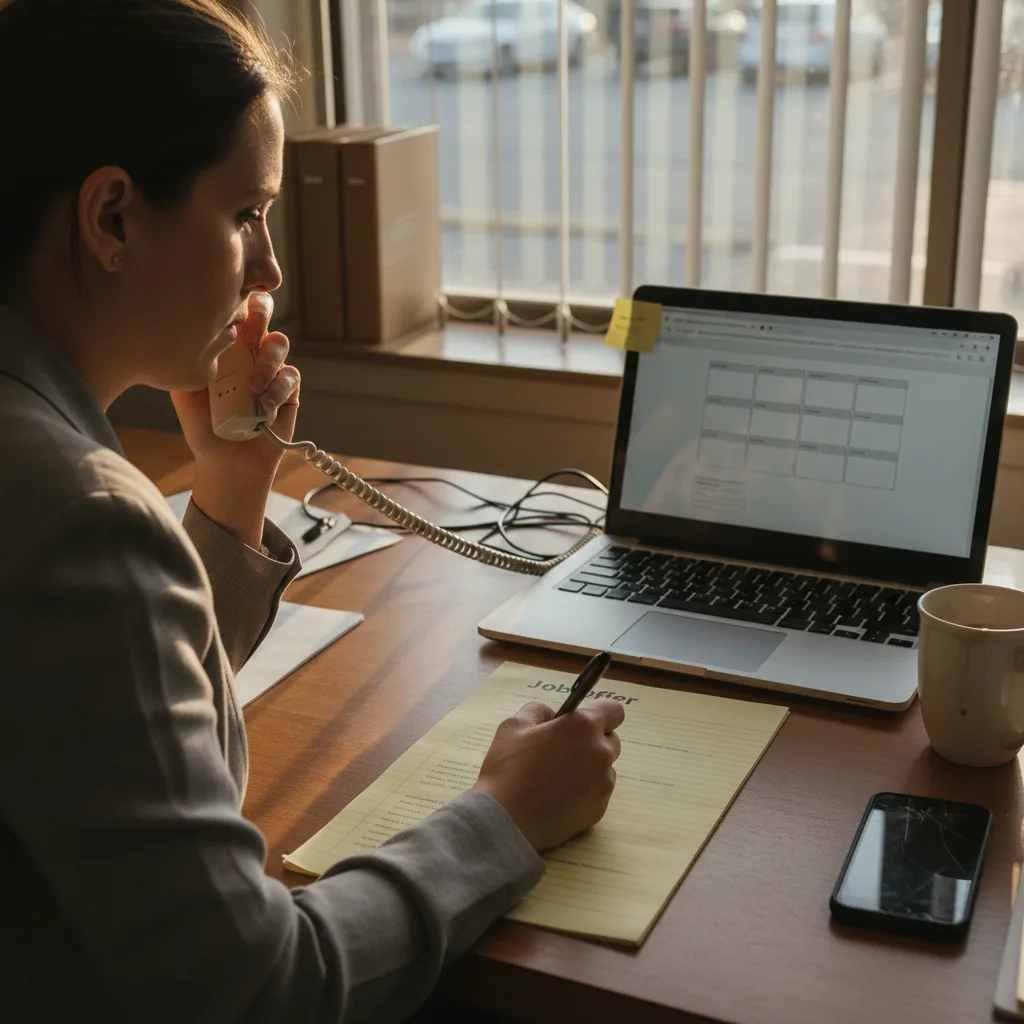 A property manager on a landline call to an employer's HR line, confirming an offer against a printed letter and taking notes