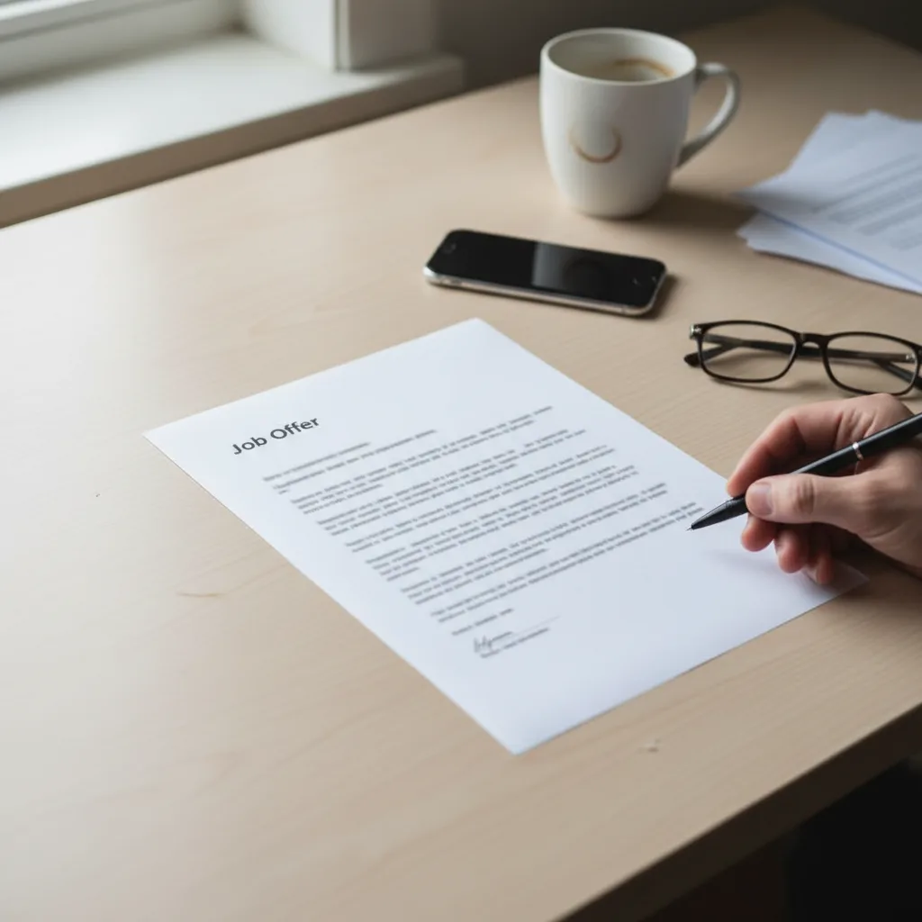 Editorial documentary photograph of a printed job offer letter on a desk being examined by a property manager under soft daylight