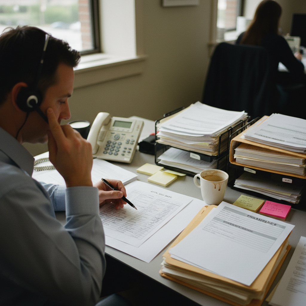 An SIU investigator on a headset working a printed list of pharmacies, logging each contact attempt