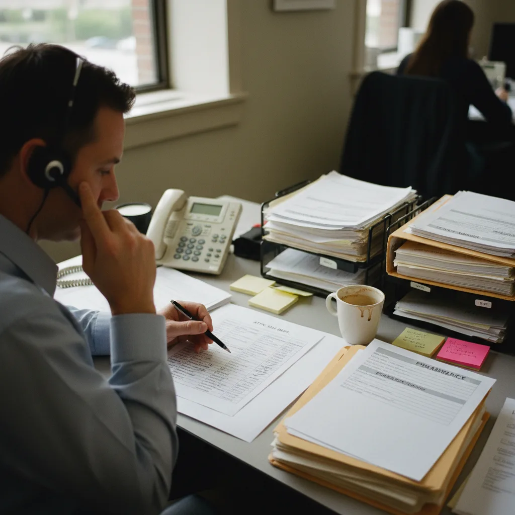 An SIU investigator on a headset working a printed list of pharmacies, logging each contact attempt