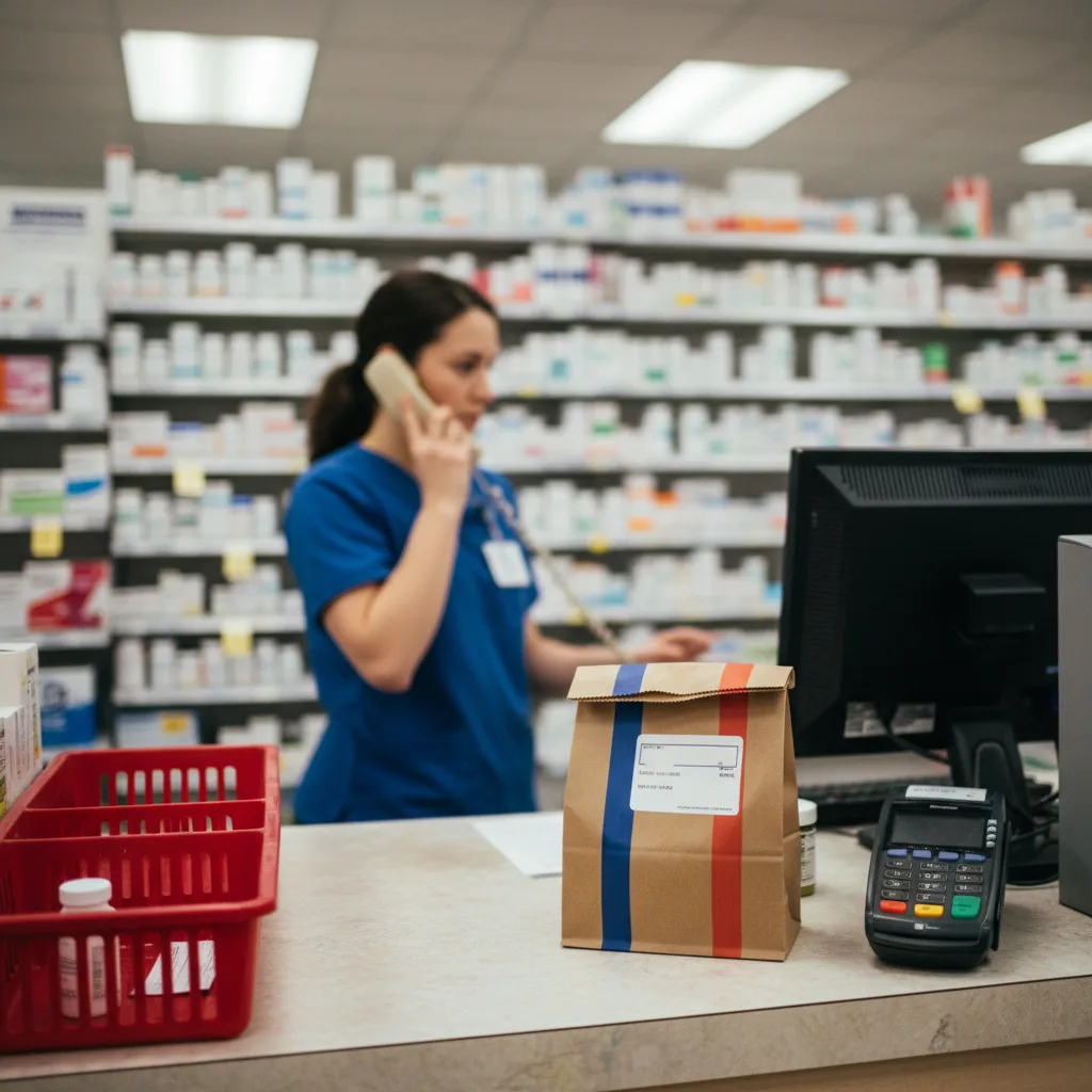 A retail pharmacy counter with a technician on the phone confirming a fill — the point of contact for a pharmacy canvass